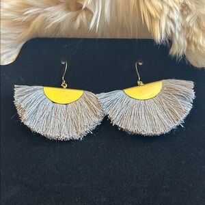 Festive Brass and Gray Fringe Earrings.
